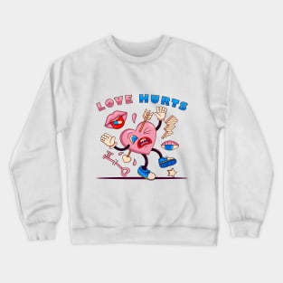 Love hurt, heart hit by an arrow with key elements, lightning, eyes and mouth in retro cartoon style Crewneck Sweatshirt